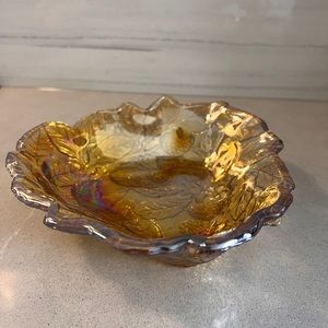 Vintage Indiana Amber Iridescent Rainbow Leaves Berry 7 1/4" Carnival Glass Dish